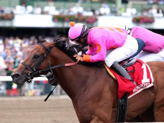 Immortal Eyes, ridden by Paco Lopez, wins the Teddy Drone Stakes by a neck Sunday to improve to 3 for 3 at the current Monmouth Park meet.