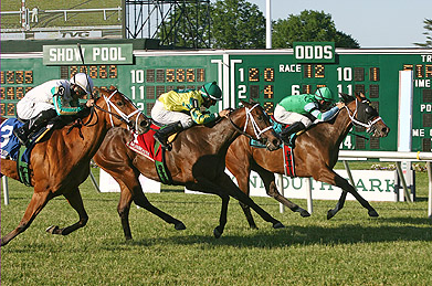 Sweet Emma Rose (R) #9 with Abel Lezcano riding noses out hard charging Rogue Lady (C) #1 and Gabriel Saez who finished 2nd and Red Minx (L) #3 and Eddie Castro finishing third in the $60,000 Crank It Up Stakes at Monmouth Park on Saturday June 7, 2014