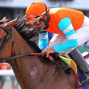 Angela Renee #8 with Paco Lopez riding won the $100,000 Lady's Secret Stakes at Monmouth Park in Oceanport, New Jersey on Monday July 4, 2016. Photo By Bill Denver/EQUI-PHOTO
