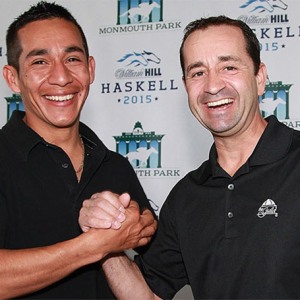 13-time Leading Rider at Monmouth Park, Jockey Joe Bravo (R) will return to Monmouth Park for the 2015 season and attempt to wrestle back the title from 2014 Leading Rider Paco Lopez (L).  Both Jockeys appeared at the Opening Day Press Conference at Monmouth Park Racetrack in Oceanport, New Jersey on Tuesday May 5, 2015.  The Jersey Shore Oval kicks off it's 70th Season of Racing on Saturday May 9th.  Photo By Bill Denver/EQUI-PHOTO.