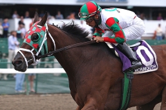 Ribo Bobo #10 and Paco Lopez won the Opening Day feature, the $75,000 Decathlon Stakes at Monmouth Park in Oceanport, N.J. on Saturday May 10, 2014.  Photo By Bill Denver/EQUI-PHOTO