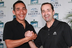 13-time Leading Rider at Monmouth Park, Jockey Joe Bravo (R) will return to Monmouth Park for the 2015 season and attempt to wrestle back the title from 2014 Leading Rider Paco Lopez (L).  Both Jockeys appeared at the Opening Day Press Conference at Monmouth Park Racetrack in Oceanport, New Jersey on Tuesday May 5, 2015.  The Jersey Shore Oval kicks off it's 70th Season of Racing on Saturday May 9th.  Photo By Bill Denver/EQUI-PHOTO.